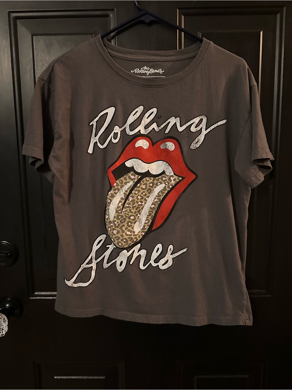 the Rolling Stones Charcoal Tee with Red Lips and Leopard Tongue